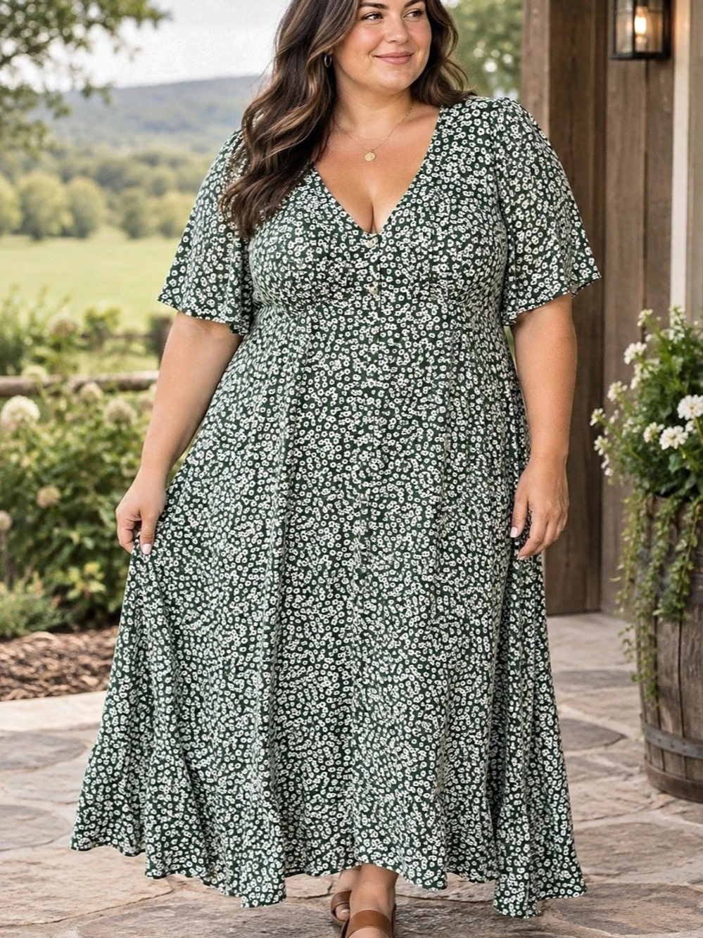 AVA & VIV Floral midi Dress in Green & White Size 3X